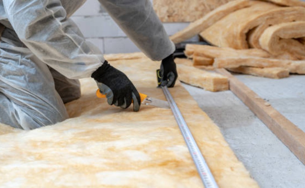 Professional roofer placing thermal rock wool insulation between wooden rafters.