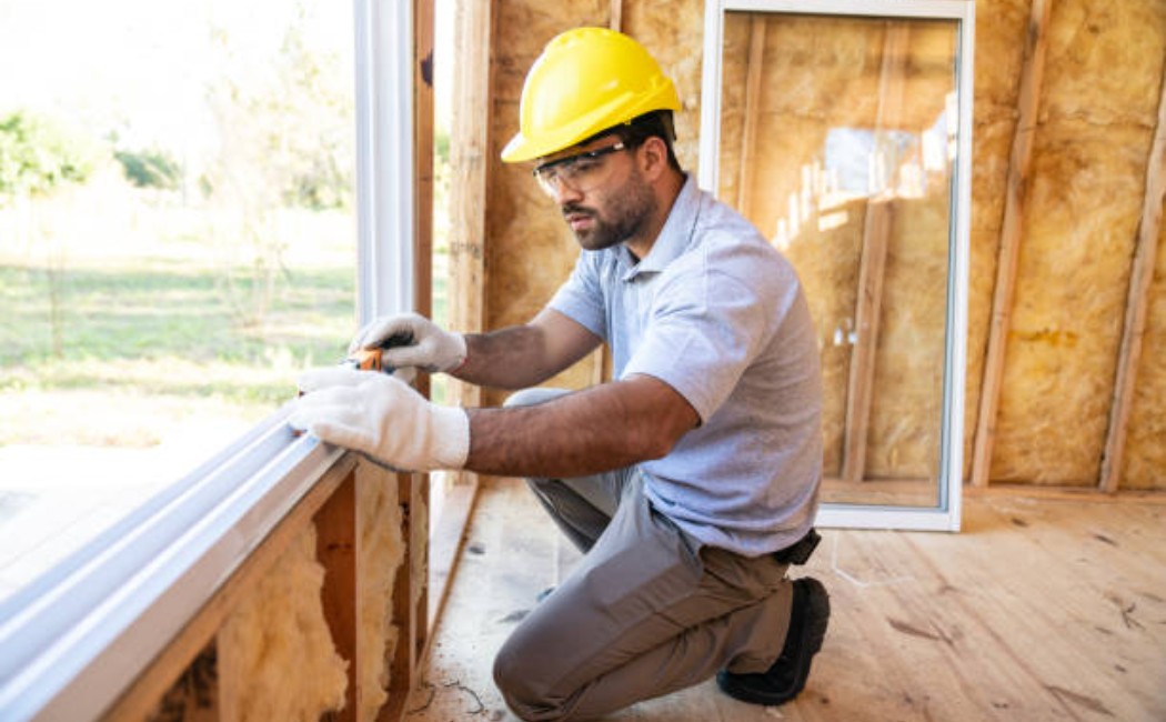Construction worker installing a window frame on a wooden house