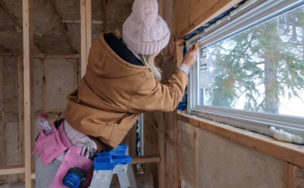 Professional woman framing a wall during a house build