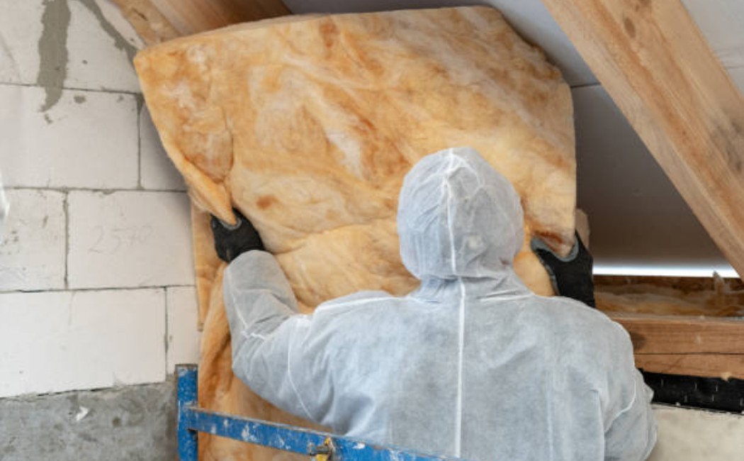 Home insulation expert working with rockwool material.