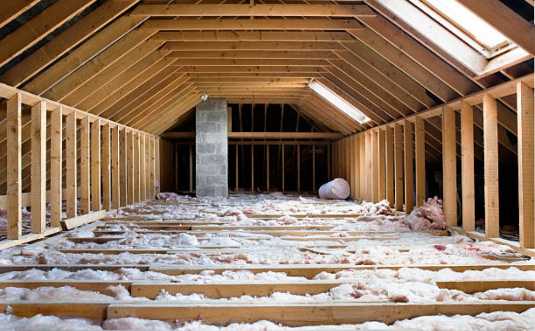 Old attic space showing slanted roof, exposed rafters, and clutter.