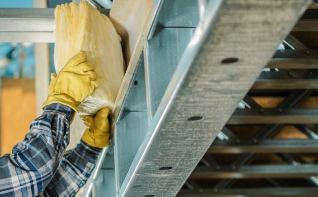 Installation of mineral wool insulation inside structural wall framing.
