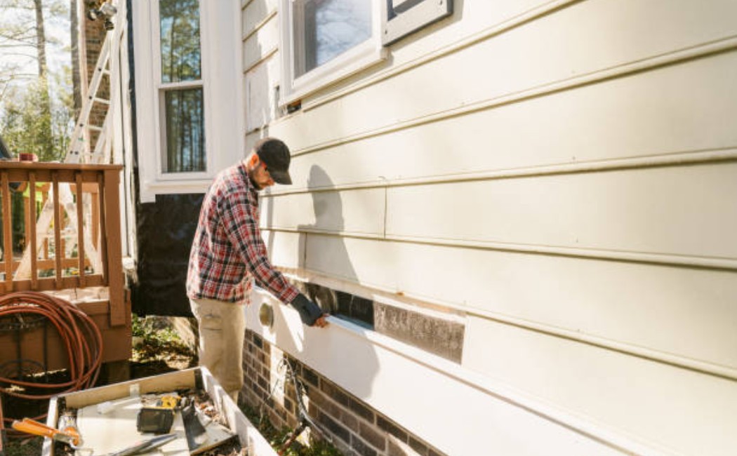 Construction professional fixing exterior wall siding