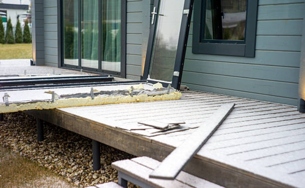 Exterior door installation with snow-covered ground
