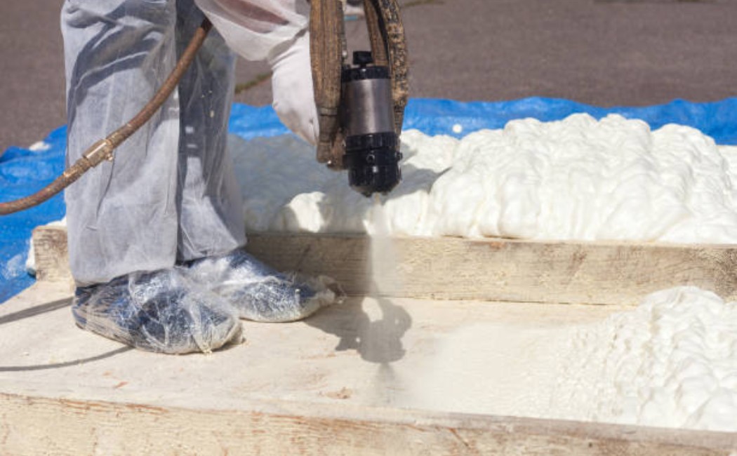 Industrial spray foam insulation application in progress