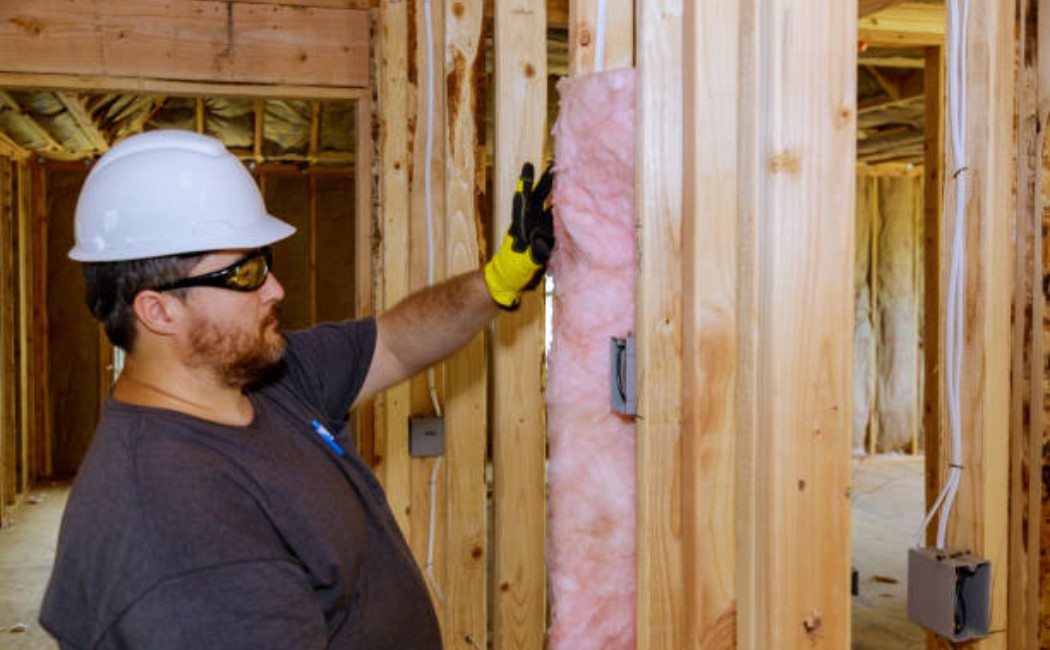 Construction worker installing mineral wool insulation on a wall.