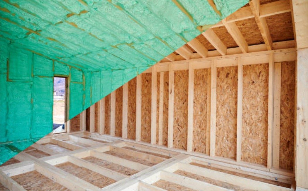 Wooden frame house room before and after adding insulation panels.