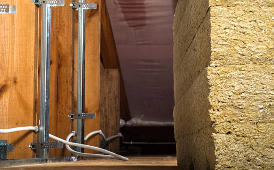 Interior wall framing with insulation being installed in a home.