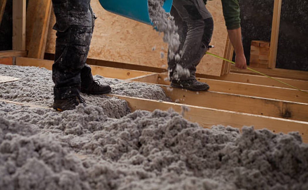 Construction site with recycled paper insulation for floors.