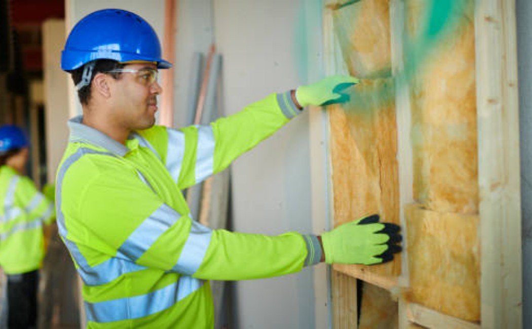 Worker installing fiberglass wall insulation in a framed wall