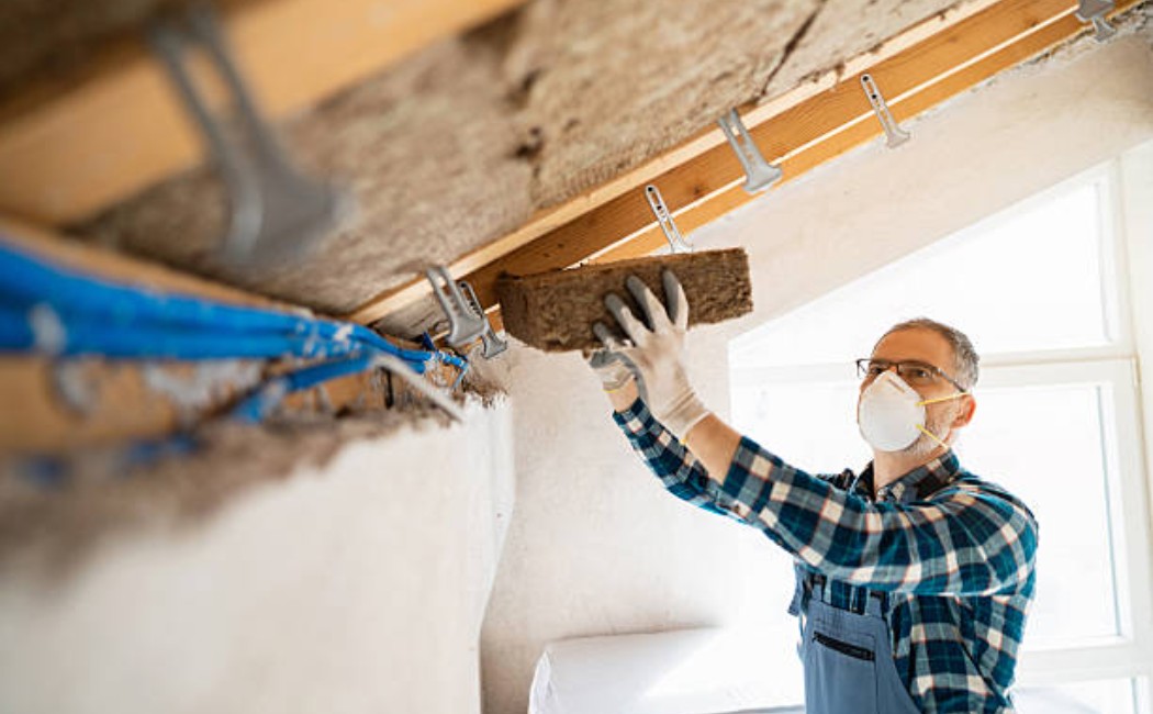 Worker installing attic insulation with mineral wool