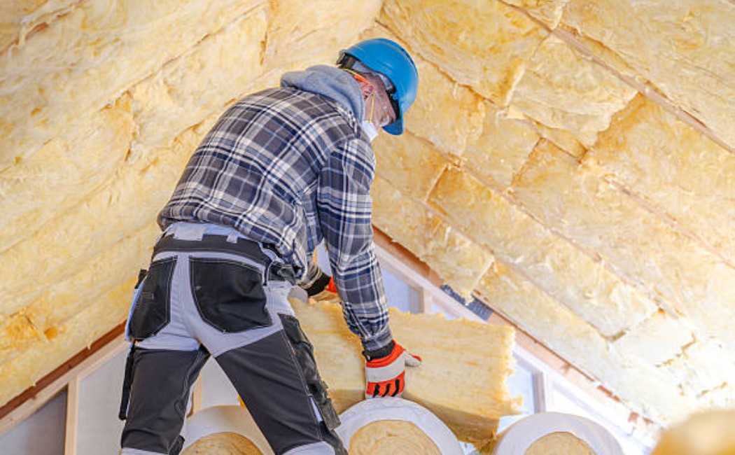 A construction worker is installing attic insulation in a house.
