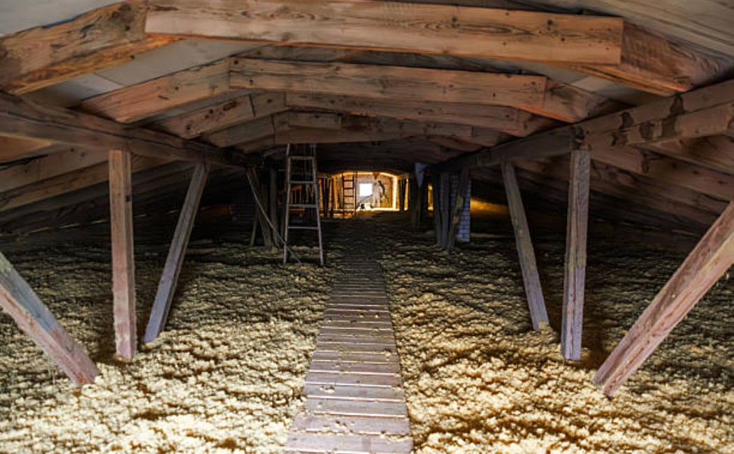 Attic crawl space with insulation and a narrow wooden walkway.